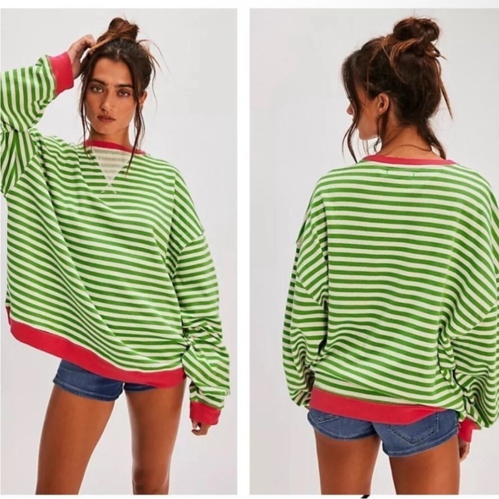 New Free People Classic Striped Crew Green and White Striped Sweater with Red